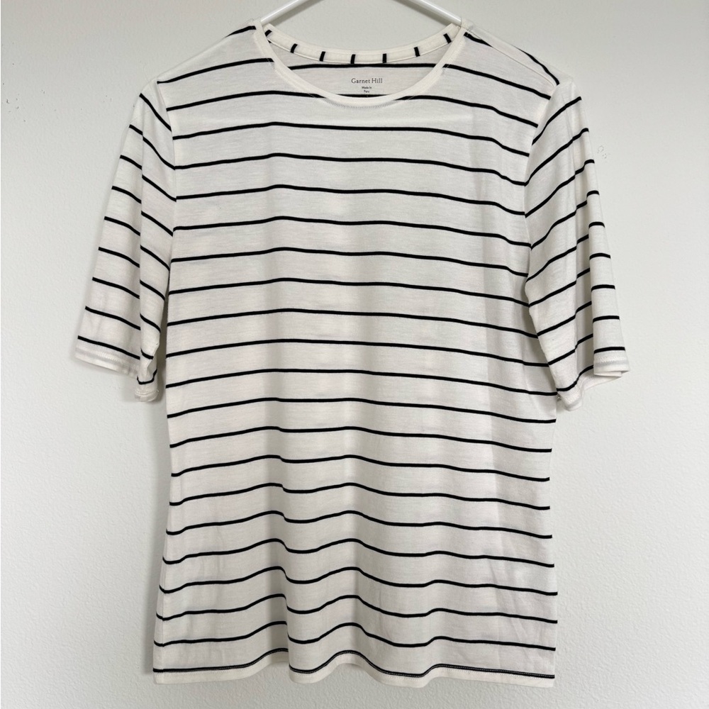 Garnet Hill Women’s White Striped Tee Shirt Organic Cotton Blend Small